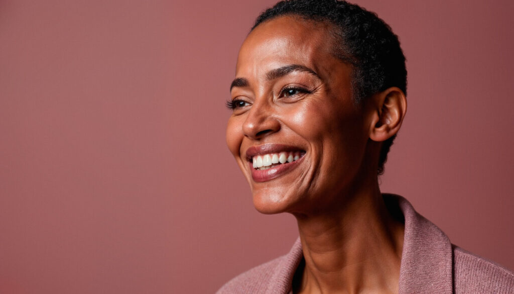Mulher sorrindo confiante com dentes perfeitos, mostrando o resultado da reabilitação oral na Clínica Nakamura em Barreiras, BA.